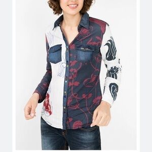 Desigual denim and embroidery button down shirt